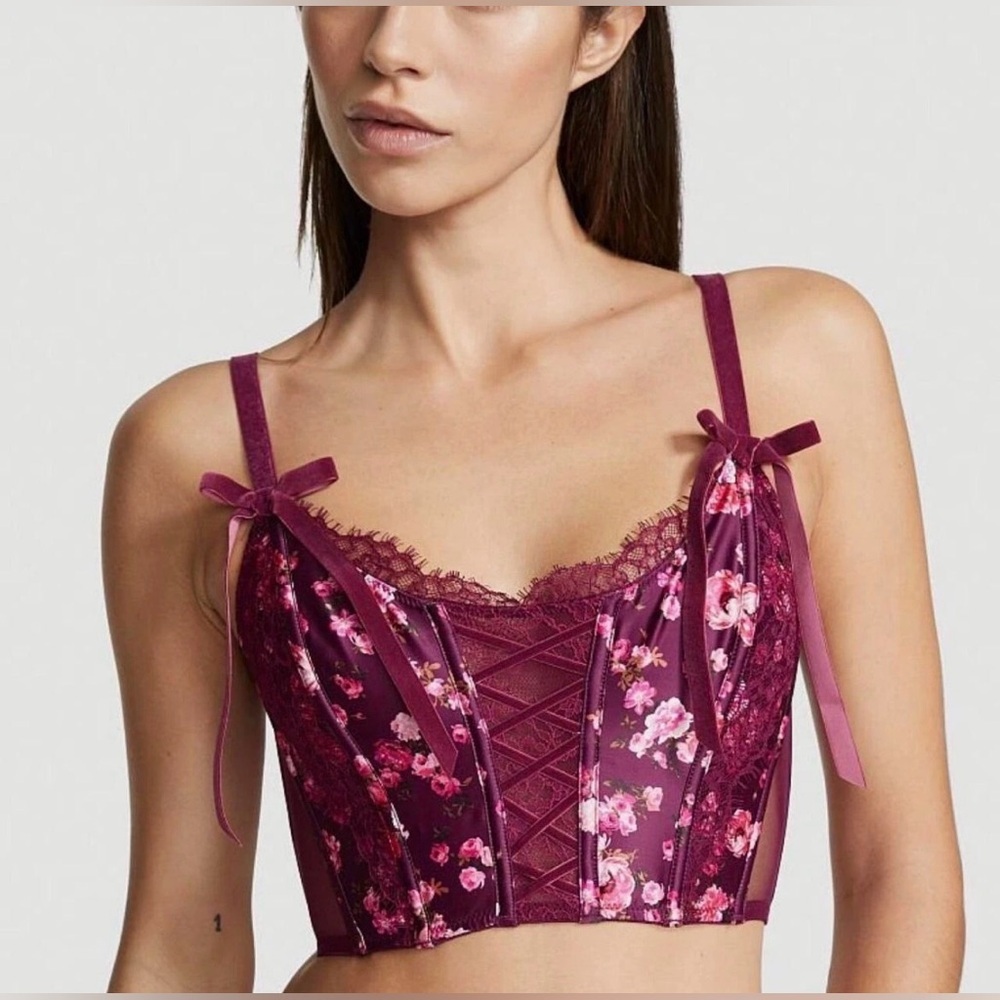 Victoria's Secret Lace Up Burgundy Floral Corset - Size Small *NEW*